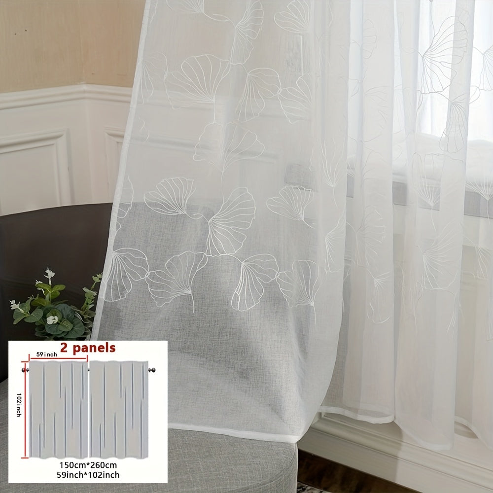 2pcs French-Style Country White Maple Leaf Botanical Embroidered Sheer Curtain Panels, Thin Semi-Transparent Design for Enhanced Ambiance, Rod Pocket for Easy Rod Installation, Suitable for Bedroom, Office, Living Room, Foyer, and Other Home Decor