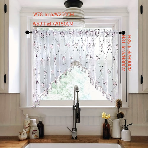 1 Or 2 Panels Elegant Arched Sheer Floral Embroidered Swag Curtain Valance Tier for Doorway Light Filtering Half Window Curtain with Beading Cafe Bathroom Rod Pocket, Room Divider,All Season