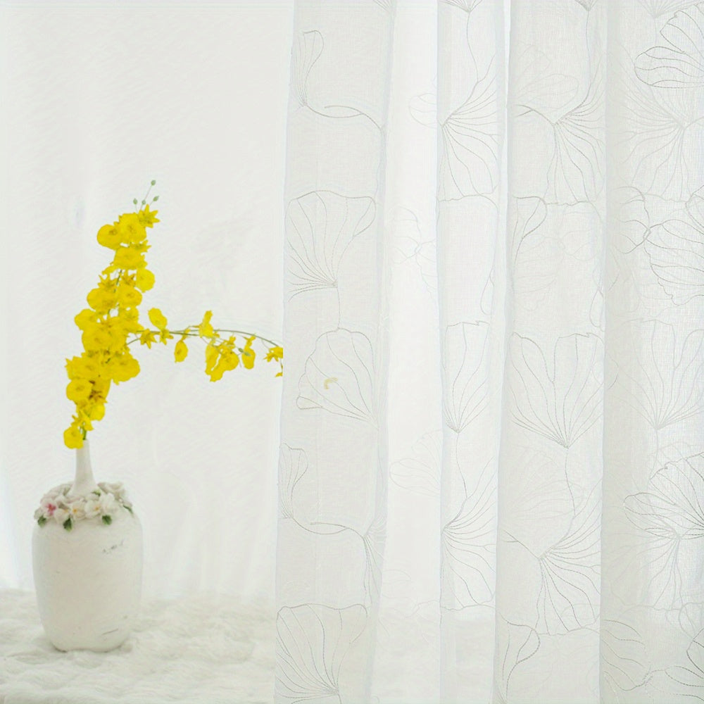 2pcs French-Style Country White Maple Leaf Botanical Embroidered Sheer Curtain Panels, Thin Semi-Transparent Design for Enhanced Ambiance, Rod Pocket for Easy Rod Installation, Suitable for Bedroom, Office, Living Room, Foyer, and Other Home Decor