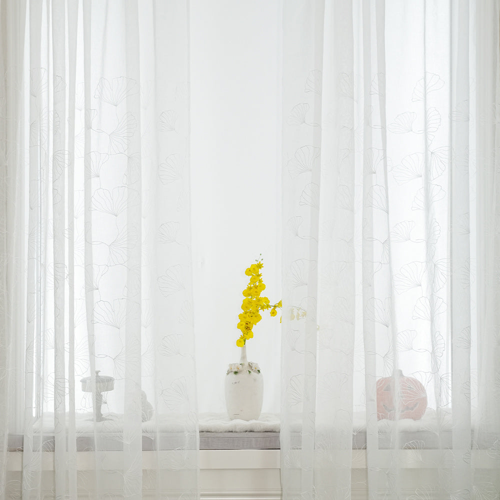 2pcs French-Style Country White Maple Leaf Botanical Embroidered Sheer Curtain Panels, Thin Semi-Transparent Design for Enhanced Ambiance, Rod Pocket for Easy Rod Installation, Suitable for Bedroom, Office, Living Room, Foyer, and Other Home Decor