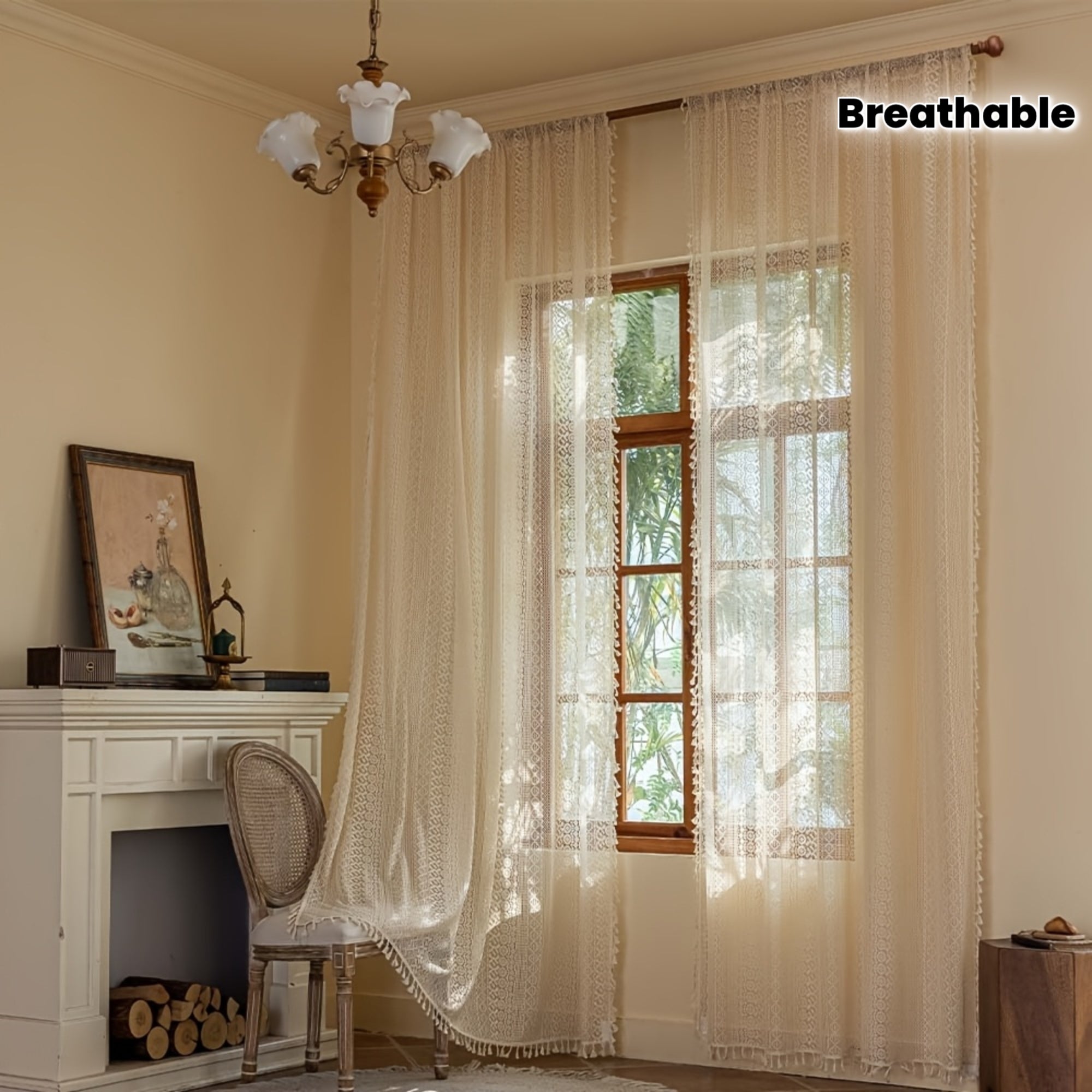 2pcs High-End Minimalist Bohemian Style Semi-Sheer Curtains, French-Style Rustic Breathable Openwork Voile Curtains, Suitable for Living Room, Balcony, Bedroom, Study Room, and Other Home Decor - Rod Pocket Installation