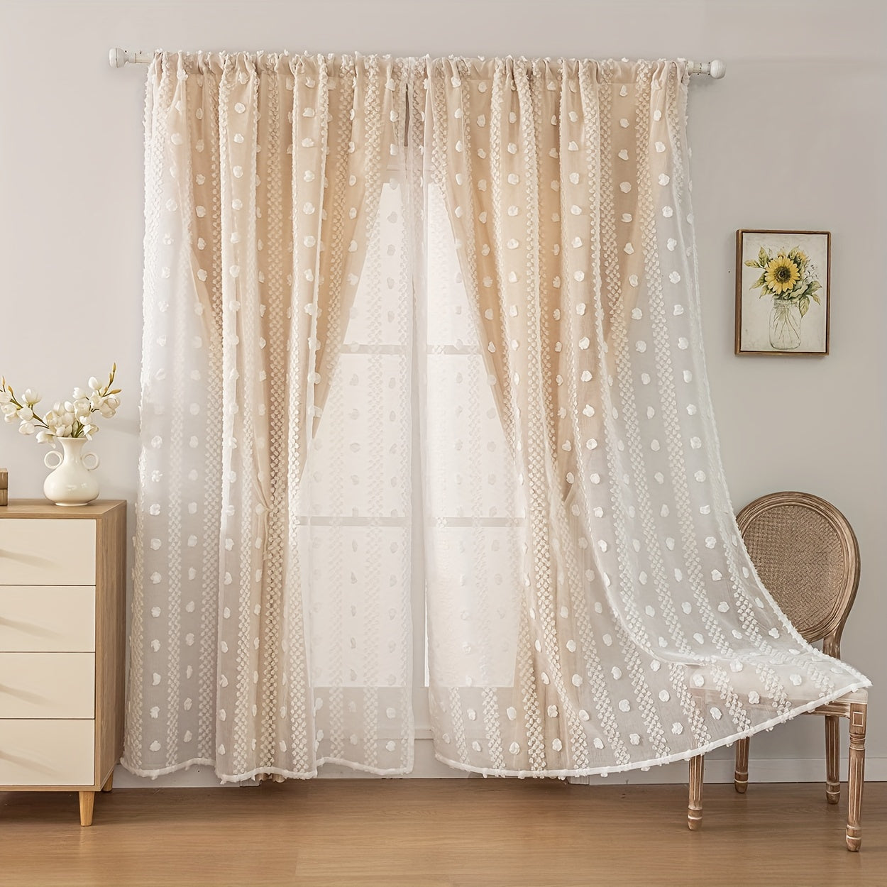 Boho Chic Pom-Pom Sheer Curtains - Stylish 2-Panel Design with UV Protection, Rod Pocket for Easy Installation, Perfect for Living Room, Bedroom, Office, and Balcony Decor, Adding a Touch of Elegance and Sophistication to Any Room