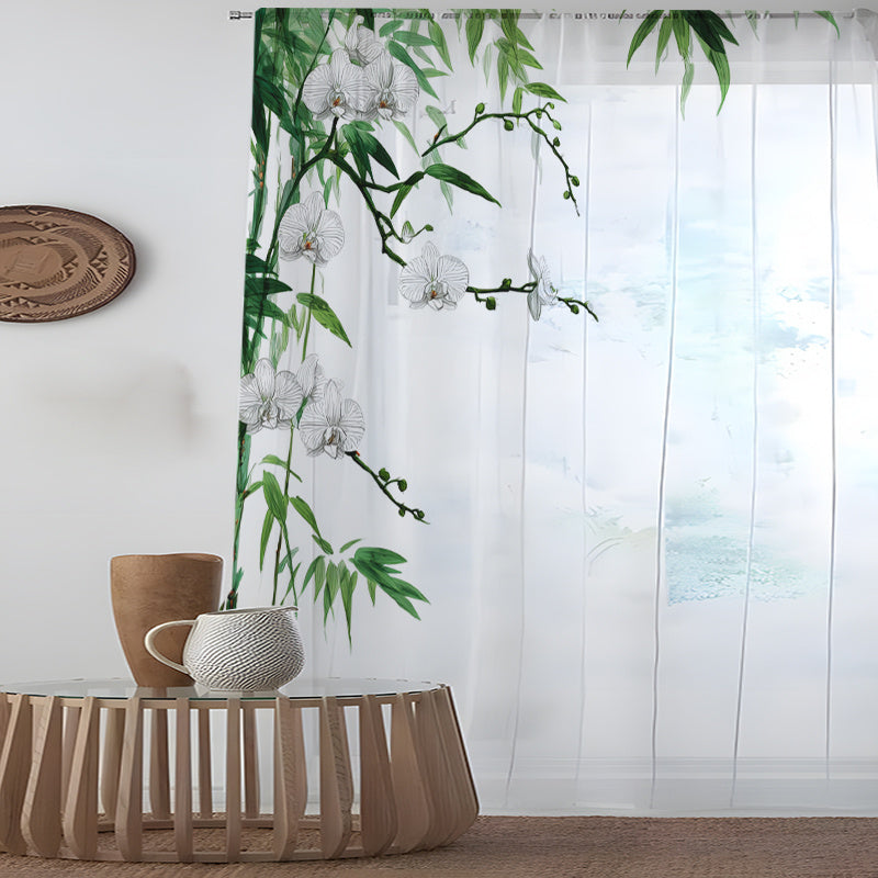 Two Pieces of Chinese-Style Orchid And Bamboo-Themed Floral Chiffon Transparent Curtains - Semi-Transparent And Opaque Digital Prints, Designed for Living Room And Bedroom Decoration with Rod Pocket, Made of Polyester Gauze