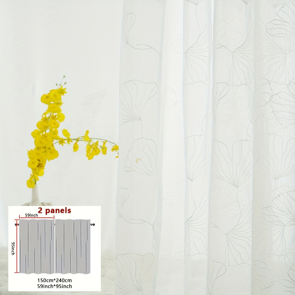 2pcs French-Style Country White Maple Leaf Botanical Embroidered Sheer Curtain Panels, Thin Semi-Transparent Design for Enhanced Ambiance, Rod Pocket for Easy Rod Installation, Suitable for Bedroom, Office, Living Room, Foyer, and Other Home Decor