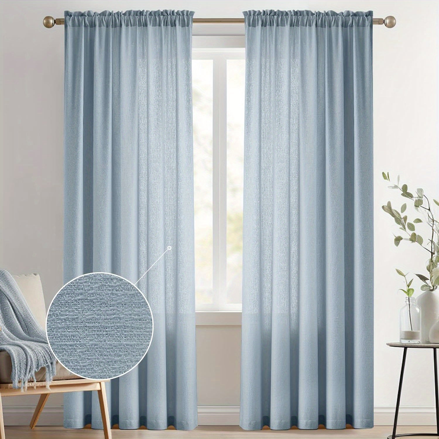 2pcs Dusty Blue Semi Sheer Curtains Linen Look Rod Pocket Sheer Drapes Light Filtering Privacy Curtains for Bedroom Kitchen Small Windows
