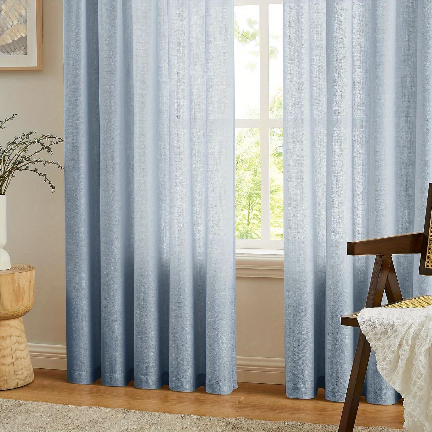 2pcs Dusty Blue Semi Sheer Curtains Linen Look Rod Pocket Sheer Drapes Light Filtering Privacy Curtains for Bedroom Kitchen Small Windows
