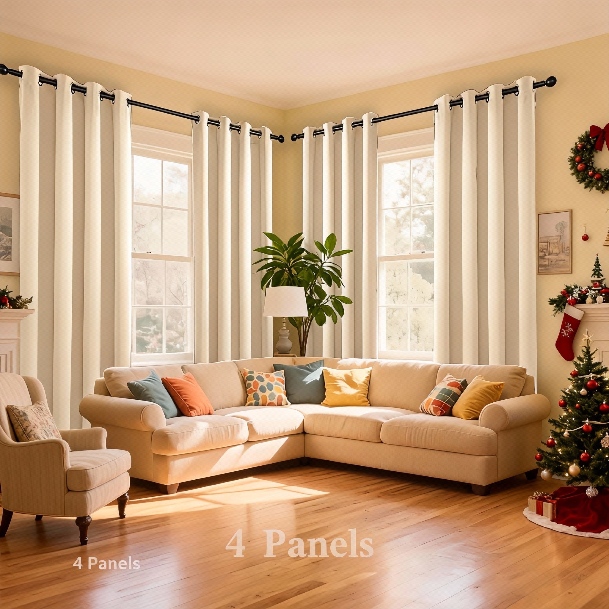 Complete Christmas Coverage! 4-Panel Khaki Blackout Curtains, High Density for Large Space Festive Makeover
