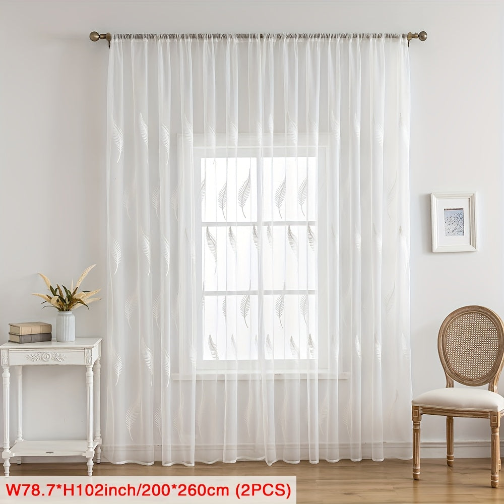 2pcs French-style Rustic White Feather Pattern Translucent Sheer Yarn-embroidered Window Sheer Panels, Light-filtering and Transparent for an Integrated Decorative Ambiance, Rod Pocket Design, Suitable for Bedroom, Living Room, Dining Room