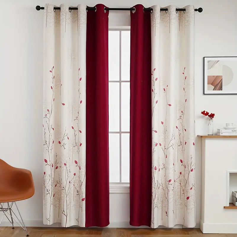 2pcs Burgundy & White Pastoral Print Curtains - Half Blackout, Protection, Light Filtering for Living Room or Study, Elegant Garden