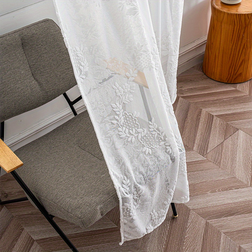 2pcs High-End French-Style Country Rattan Vine Embossed Sheer Curtain Panels, Textured Three-Dimensional Integrated Rattan Light-Filtering Indoor Decorative Window Screens, Rod Pocket Installation Suitable for Bedroom, Living Room, Balcony