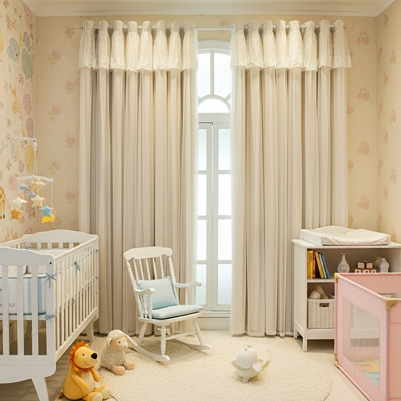 2pcs Beige Curtains with Lace Trim | Double Layer Sheer & Fabric, Minimalist Luxury Modern Ready Made Curtains for Bedroom, Living Room & , Polyester, Grommet Top, UV-resistant