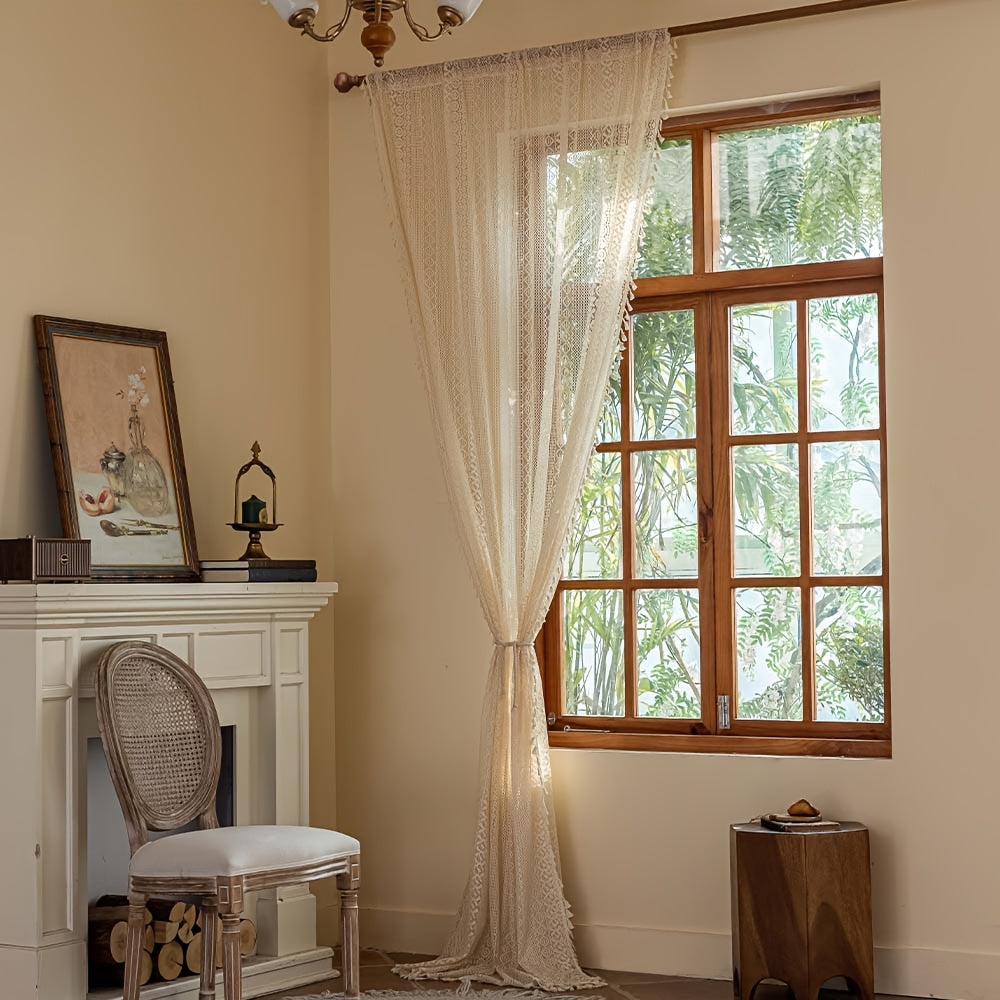 2pcs High-End Minimalist Bohemian Style Semi-Sheer Curtains, French-Style Rustic Breathable Openwork Voile Curtains, Suitable for Living Room, Balcony, Bedroom, Study Room, and Other Home Decor - Rod Pocket Installation