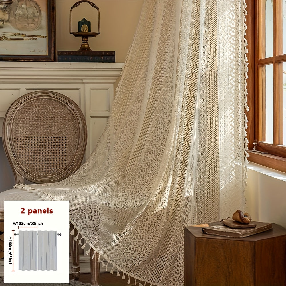 2pcs High-End Minimalist Bohemian Style Semi-Sheer Curtains, French-Style Rustic Breathable Openwork Voile Curtains, Suitable for Living Room, Balcony, Bedroom, Study Room, and Other Home Decor - Rod Pocket Installation