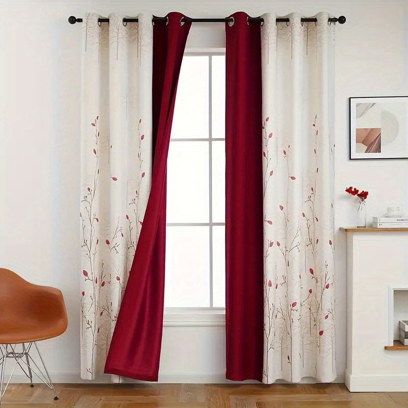 2pcs Burgundy & White Pastoral Print Curtains - Half Blackout, Protection, Light Filtering for Living Room or Study, Elegant Garden