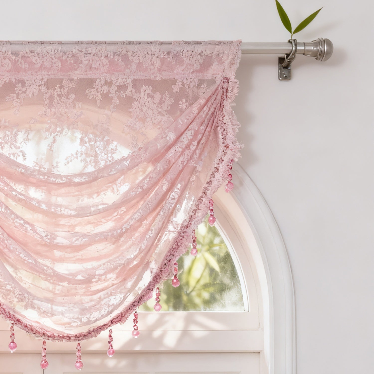 1pc Rustic Pink Floral Jacquard Ripple Sheer Curtain for Living Room Study Cafe Gauze Window Drape with Beads Valance Blinds