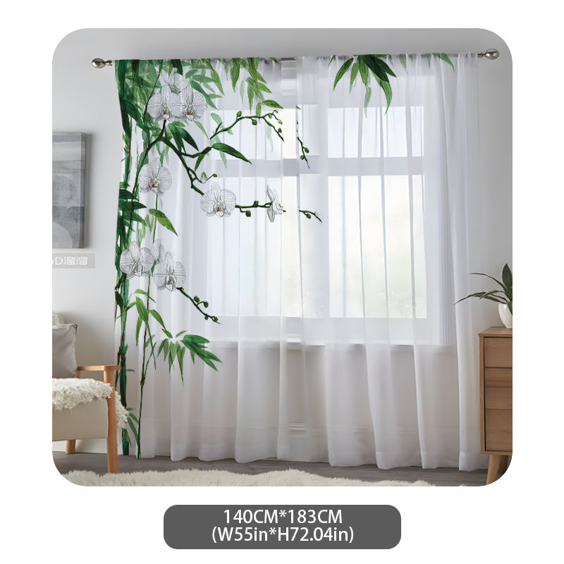 Two Pieces of Chinese-Style Orchid And Bamboo-Themed Floral Chiffon Transparent Curtains - Semi-Transparent And Opaque Digital Prints, Designed for Living Room And Bedroom Decoration with Rod Pocket, Made of Polyester Gauze