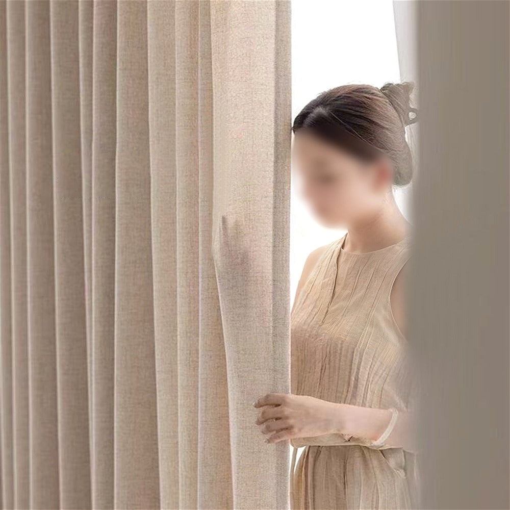 A Set of Two Minimalist Modern Style Versatile Japanese Curtains Available in Three Colors: Natural, Gray, And White. They Soften Outdoor Light with a Semi-Transparent Filter, Featuring Natural Lines And Textures
