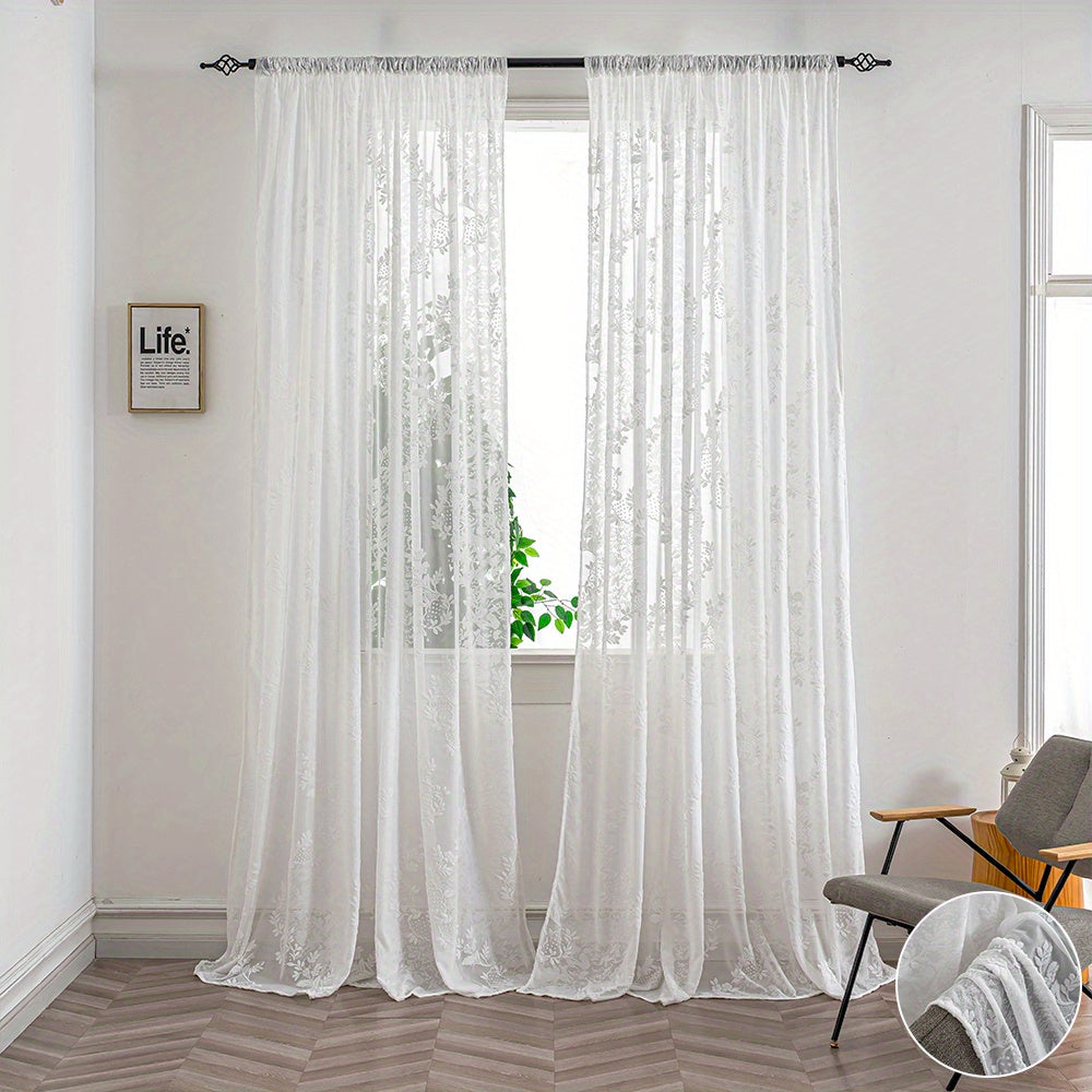 2pcs High-End French-Style Country Rattan Vine Embossed Sheer Curtain Panels, Textured Three-Dimensional Integrated Rattan Light-Filtering Indoor Decorative Window Screens, Rod Pocket Installation Suitable for Bedroom, Living Room, Balcony