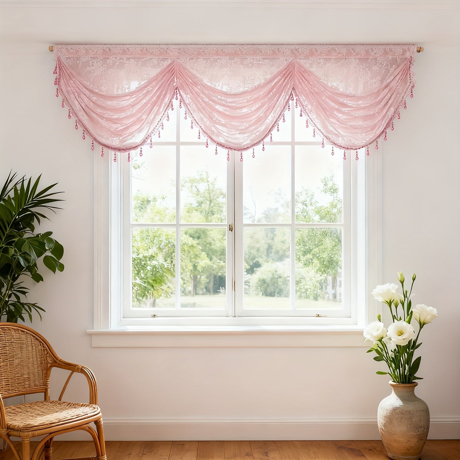1pc Rustic Pink Floral Jacquard Ripple Sheer Curtain for Living Room Study Cafe Gauze Window Drape with Beads Valance Blinds
