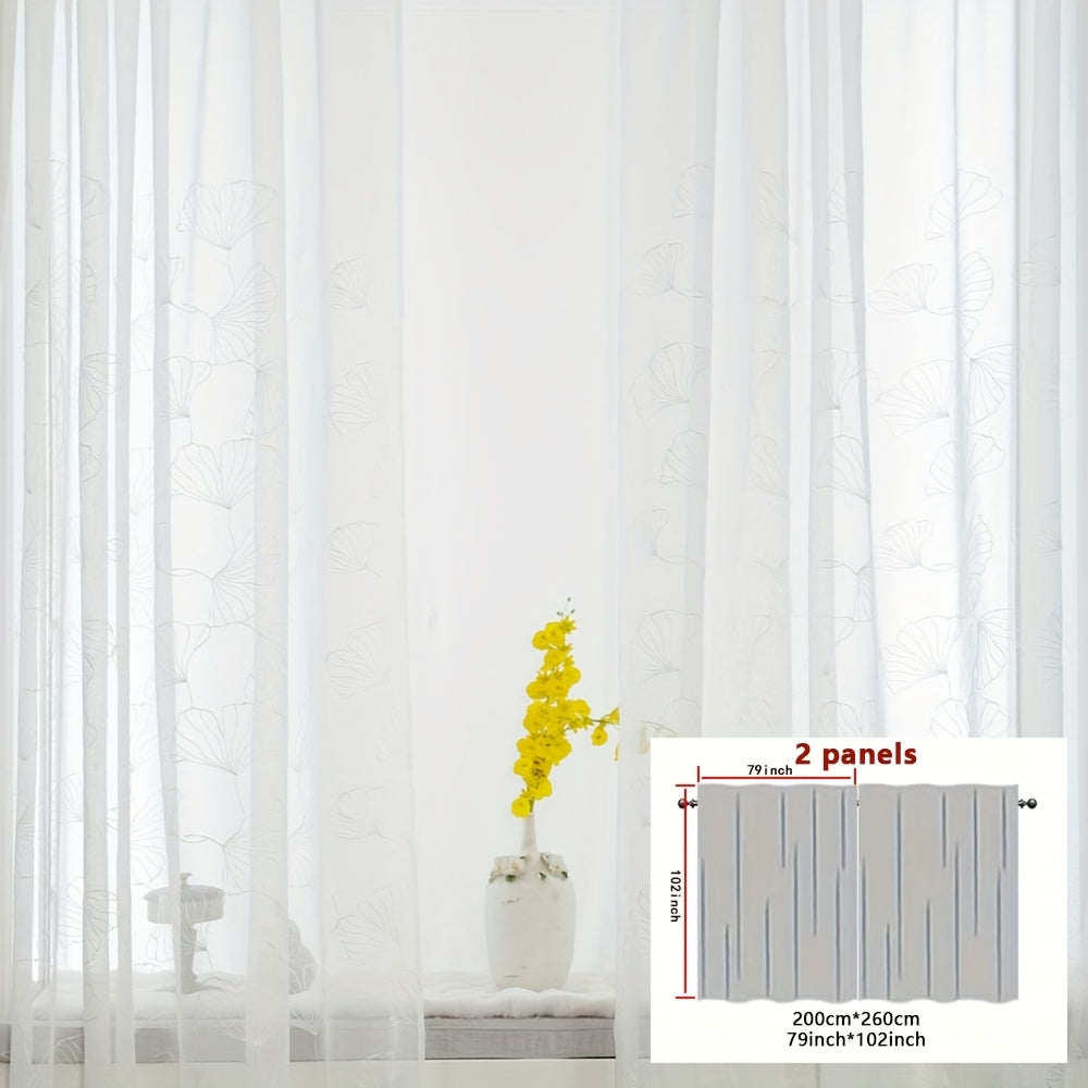 2pcs French-Style Country White Maple Leaf Botanical Embroidered Sheer Curtain Panels, Thin Semi-Transparent Design for Enhanced Ambiance, Rod Pocket for Easy Rod Installation, Suitable for Bedroom, Office, Living Room, Foyer, and Other Home Decor
