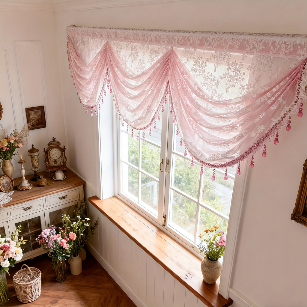 1pc Rustic Pink Floral Jacquard Ripple Sheer Curtain for Living Room Study Cafe Gauze Window Drape with Beads Valance Blinds