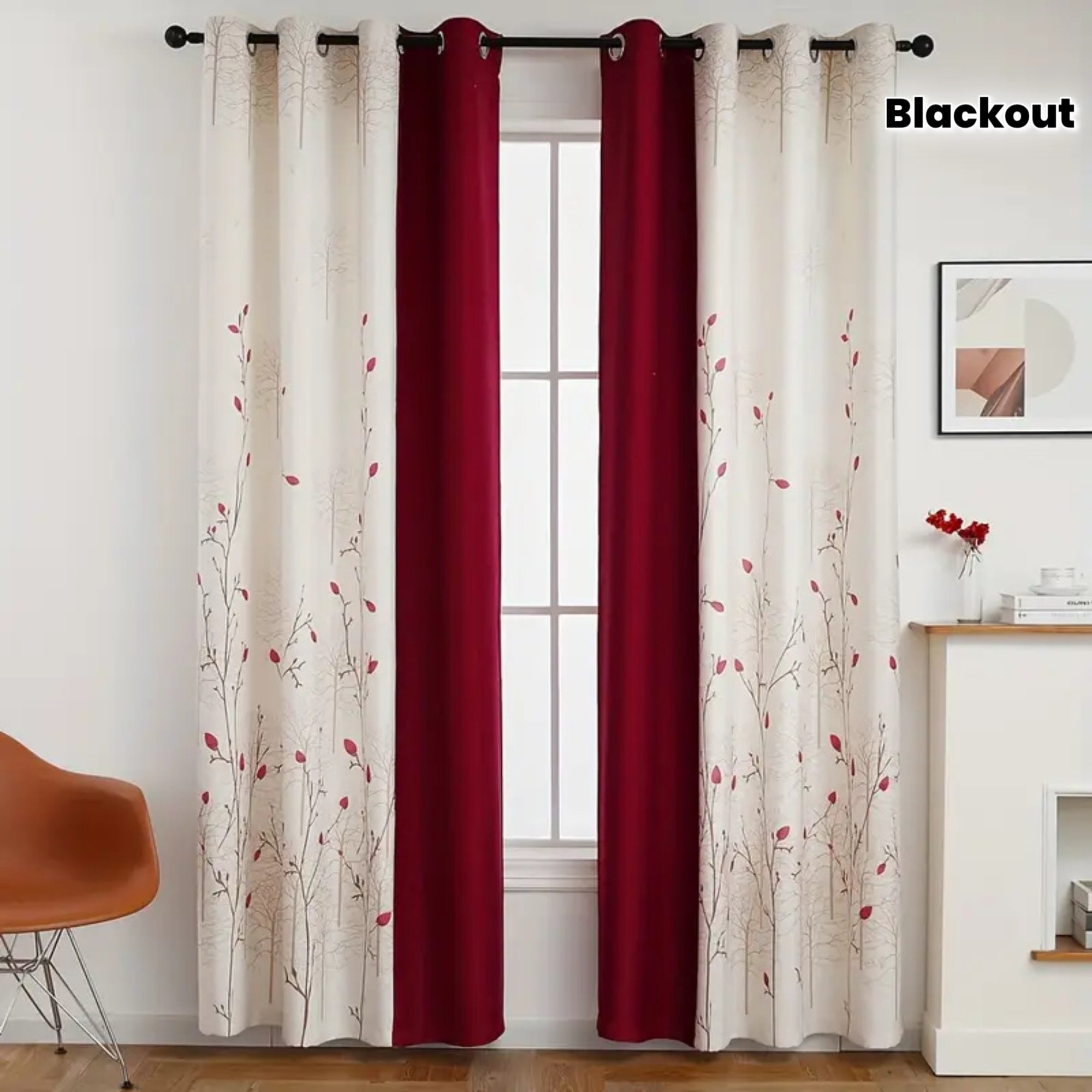2pcs Burgundy & White Pastoral Print Curtains - Half Blackout, Protection, Light Filtering for Living Room or Study, Elegant Garden