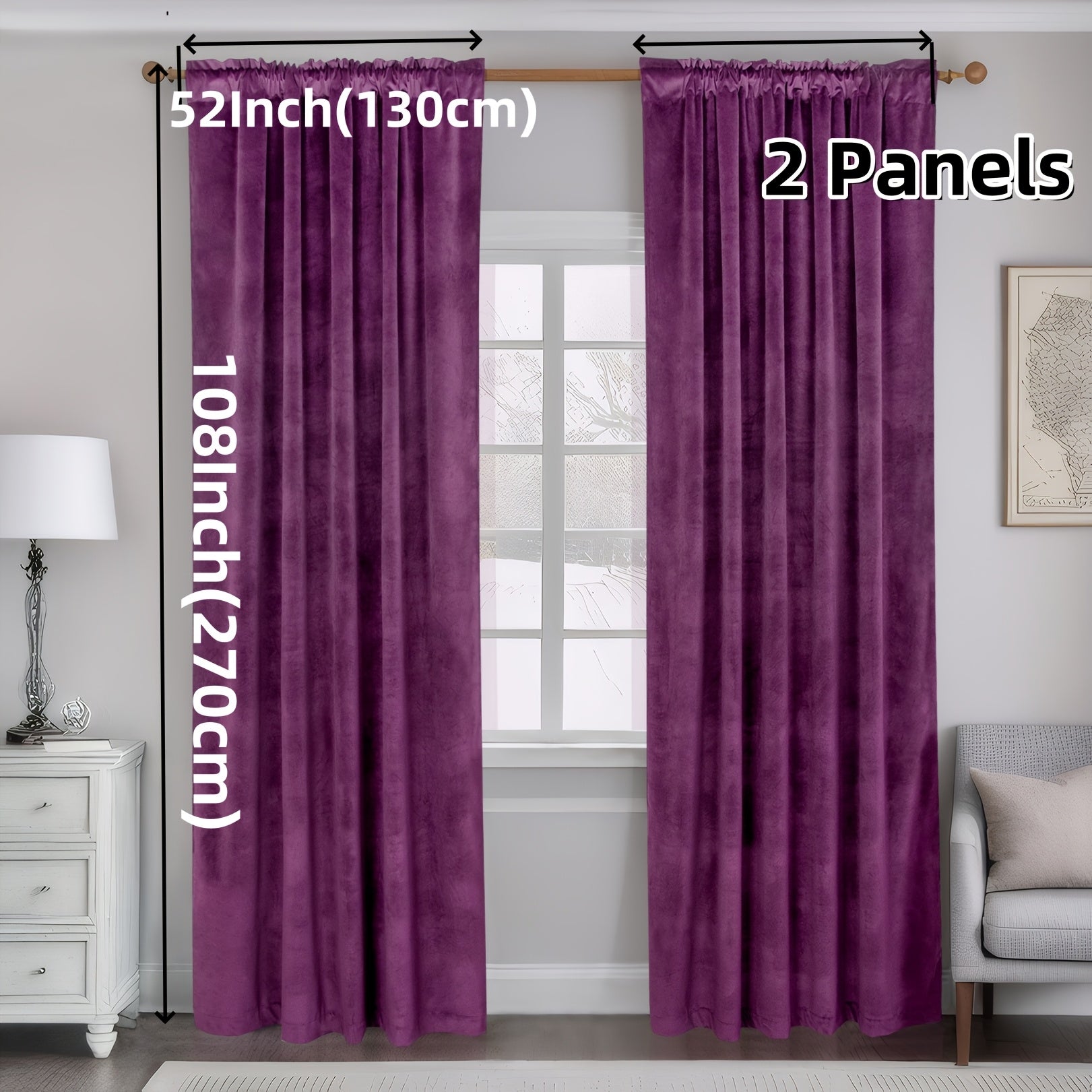 Curtain Panel Sets Blackout Curtains 108 Inches Long 2 Panel Velvet Curtain Purple Luxury Drapes Thermal Insulated Ultra Soft Window Coverings for Living Room Bedroom Rod Pocket & Back Tab (52x108x2pcs)