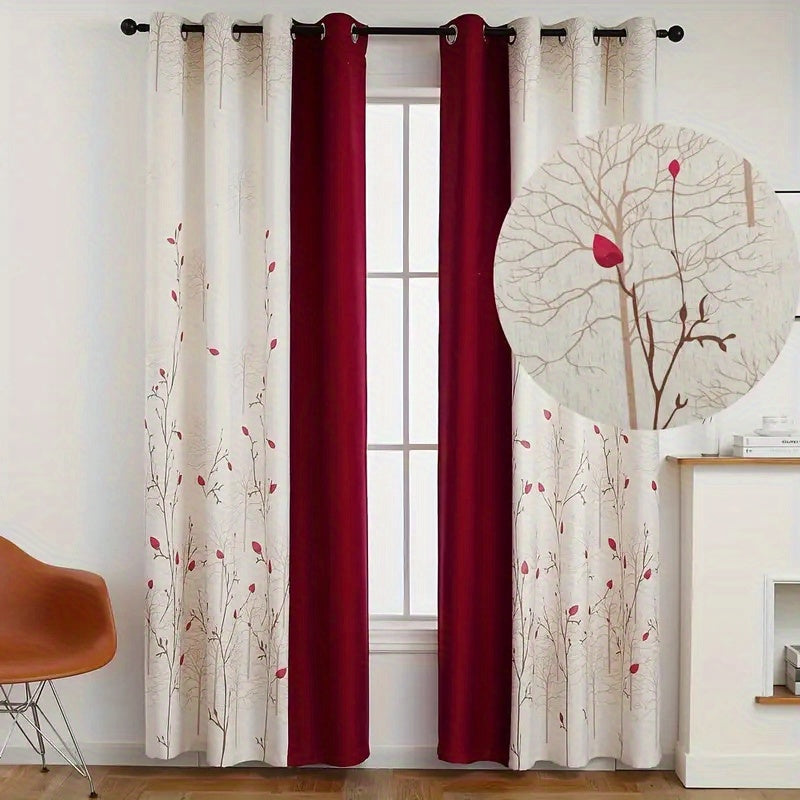 2pcs Burgundy & White Pastoral Print Curtains - Half Blackout, Protection, Light Filtering for Living Room or Study, Elegant Garden
