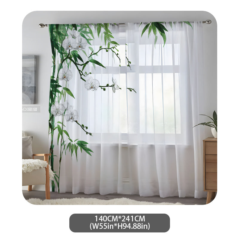 Two Pieces of Chinese-Style Orchid And Bamboo-Themed Floral Chiffon Transparent Curtains - Semi-Transparent And Opaque Digital Prints, Designed for Living Room And Bedroom Decoration with Rod Pocket, Made of Polyester Gauze