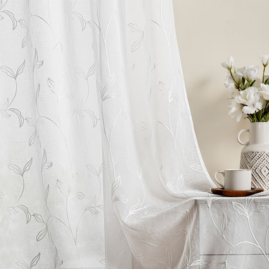 2pcs White Lightweight Sheer Curtains Made of Polyester Fabric, Easy to Install Without Drilling, Suitable for Bedrooms, Living Rooms, Balconies, Hotels, Country Cottages, And Featuring Plant Embroidery