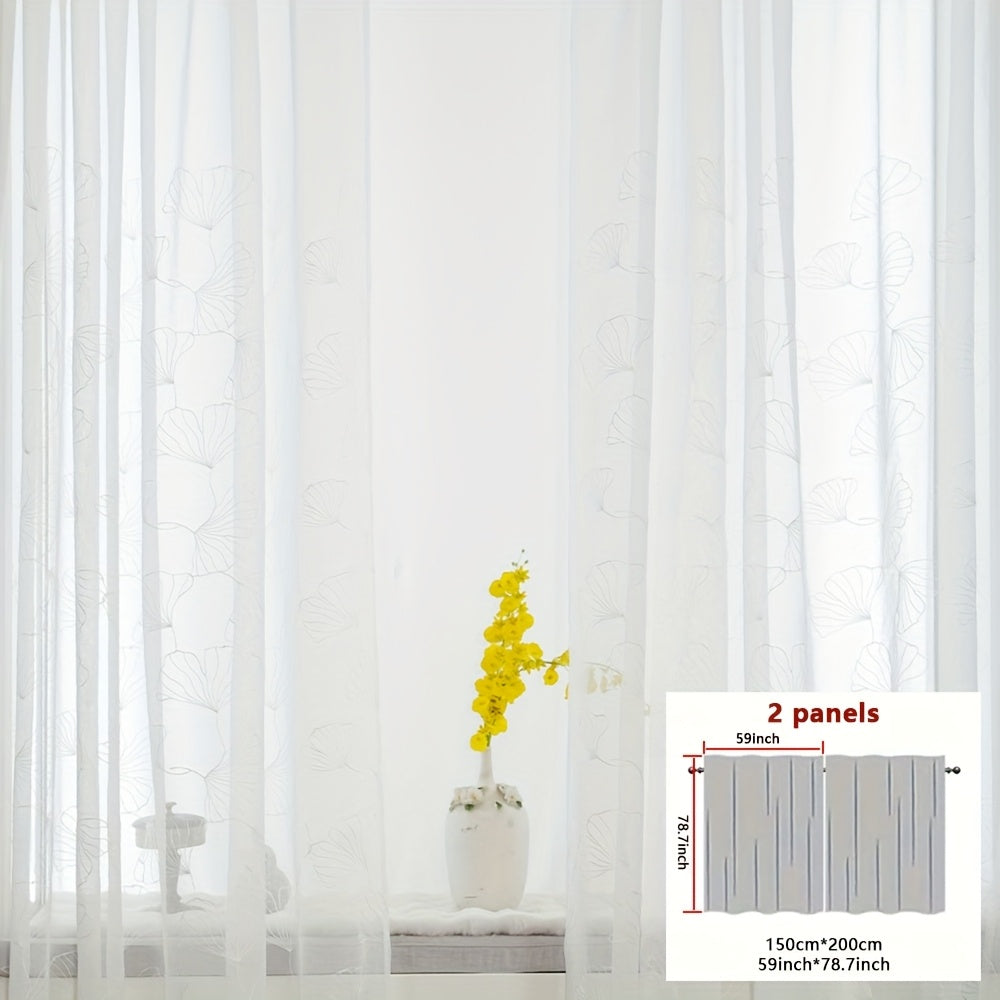 2pcs French-Style Country White Maple Leaf Botanical Embroidered Sheer Curtain Panels, Thin Semi-Transparent Design for Enhanced Ambiance, Rod Pocket for Easy Rod Installation, Suitable for Bedroom, Office, Living Room, Foyer, and Other Home Decor