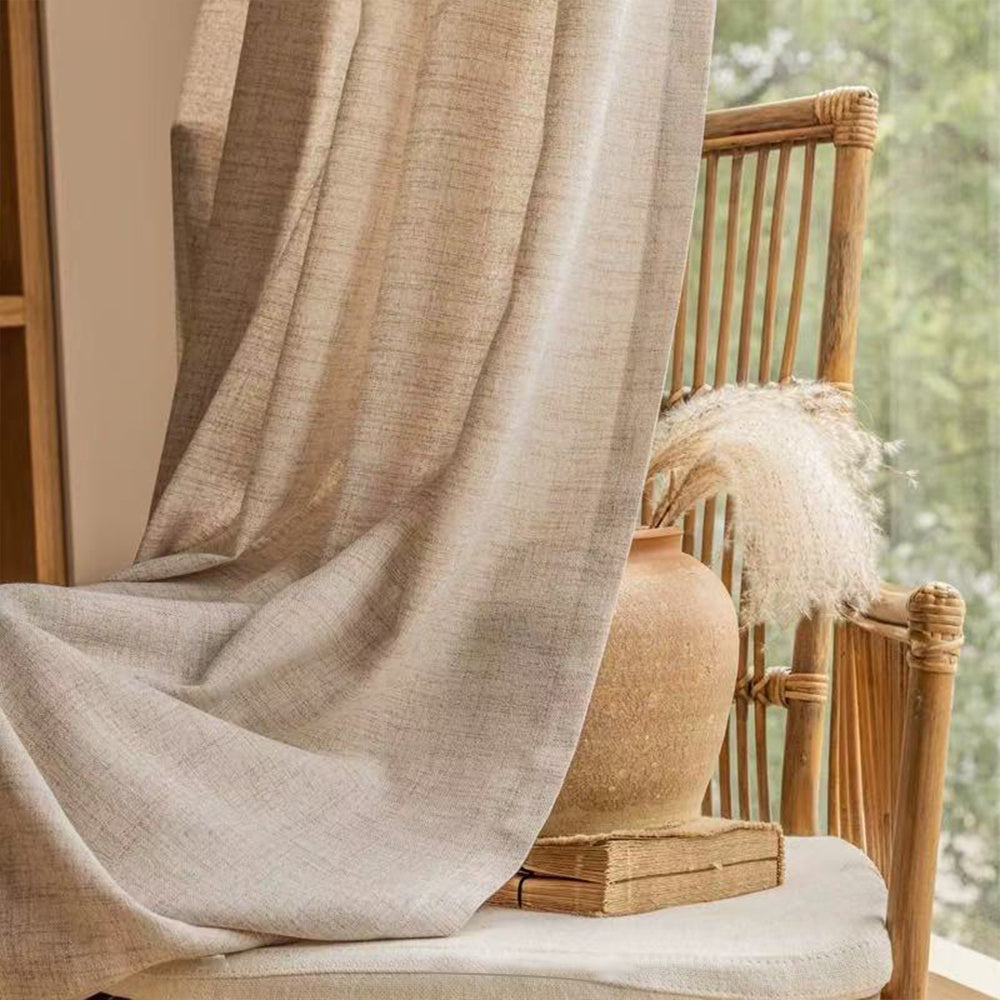 A Set of Two Minimalist Modern Style Versatile Japanese Curtains Available in Three Colors: Natural, Gray, And White. They Soften Outdoor Light with a Semi-Transparent Filter, Featuring Natural Lines And Textures