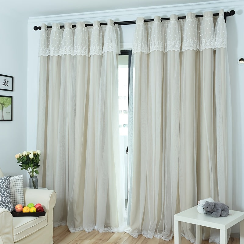 2pcs Beige Curtains with Lace Trim | Double Layer Sheer & Fabric, Minimalist Luxury Modern Ready Made Curtains for Bedroom, Living Room & , Polyester, Grommet Top, UV-resistant