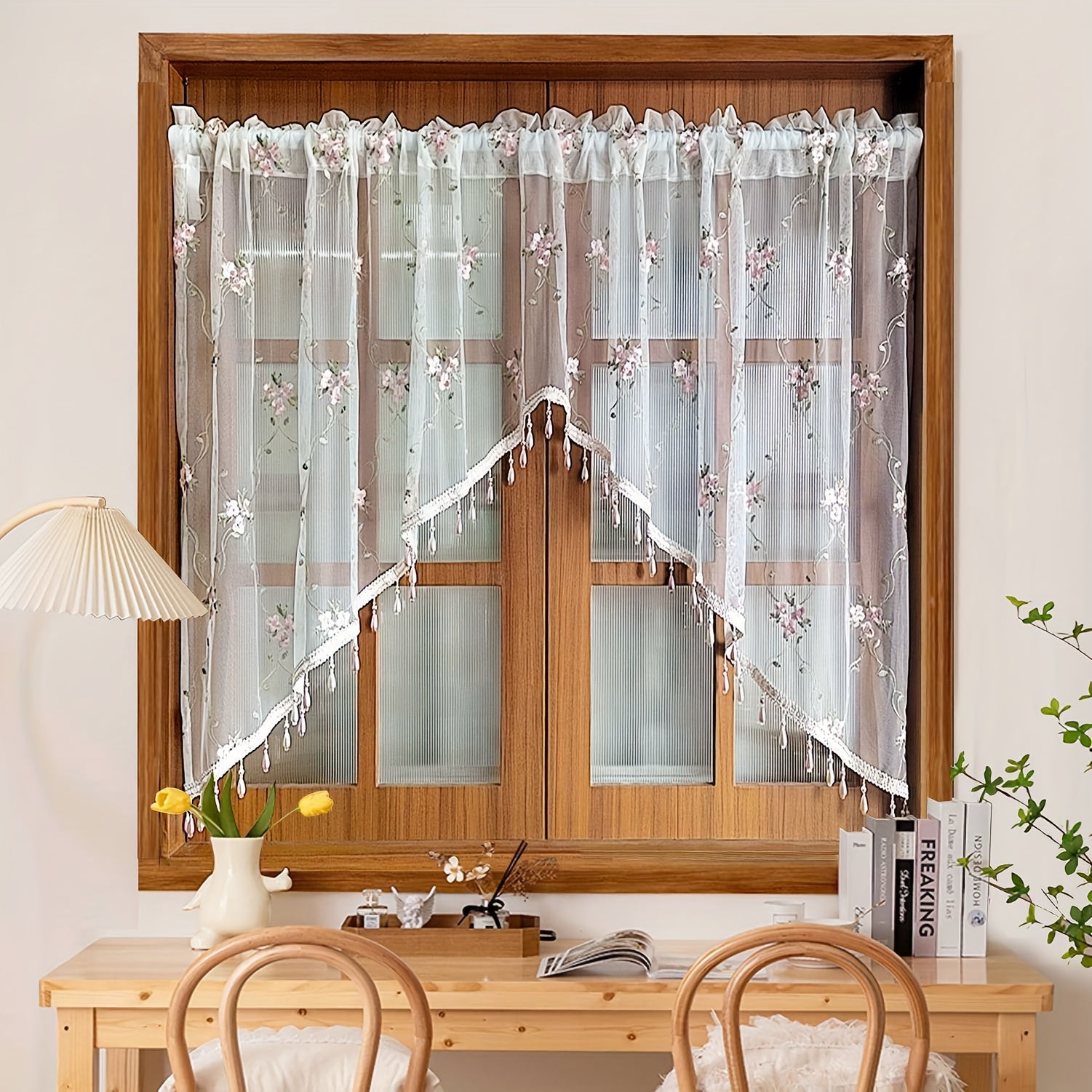 1 Or 2 Panels Elegant Arched Sheer Floral Embroidered Swag Curtain Valance Tier for Doorway Light Filtering Half Window Curtain with Beading Cafe Bathroom Rod Pocket, Room Divider,All Season