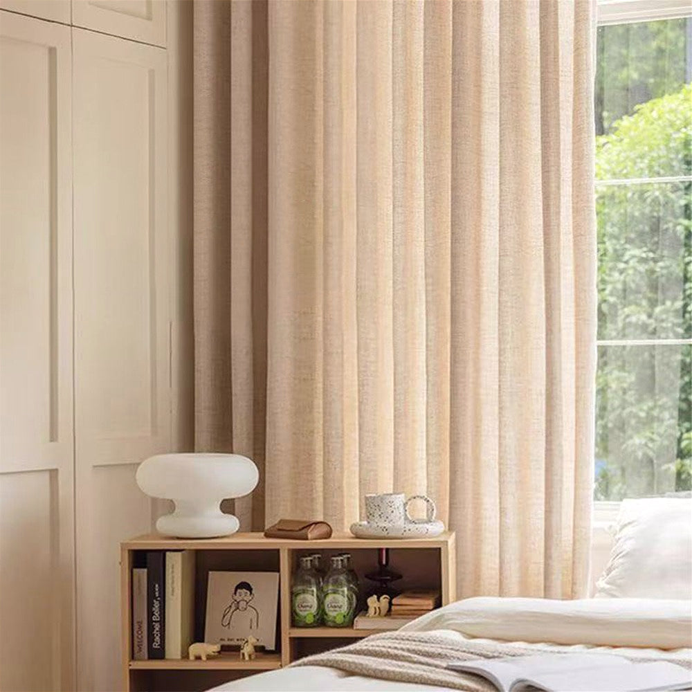 A Set of Two Minimalist Modern Style Versatile Japanese Curtains Available in Three Colors: Natural, Gray, And White. They Soften Outdoor Light with a Semi-Transparent Filter, Featuring Natural Lines And Textures