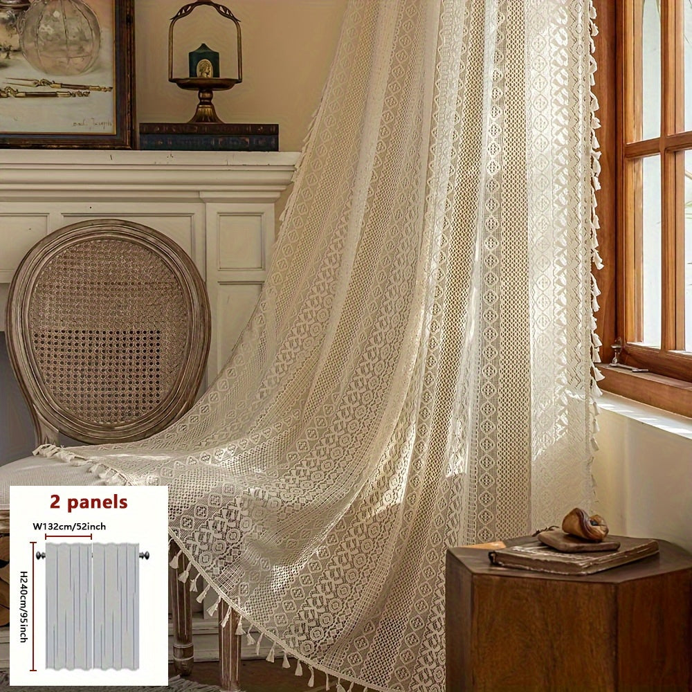 2pcs High-End Minimalist Bohemian Style Semi-Sheer Curtains, French-Style Rustic Breathable Openwork Voile Curtains, Suitable for Living Room, Balcony, Bedroom, Study Room, and Other Home Decor - Rod Pocket Installation
