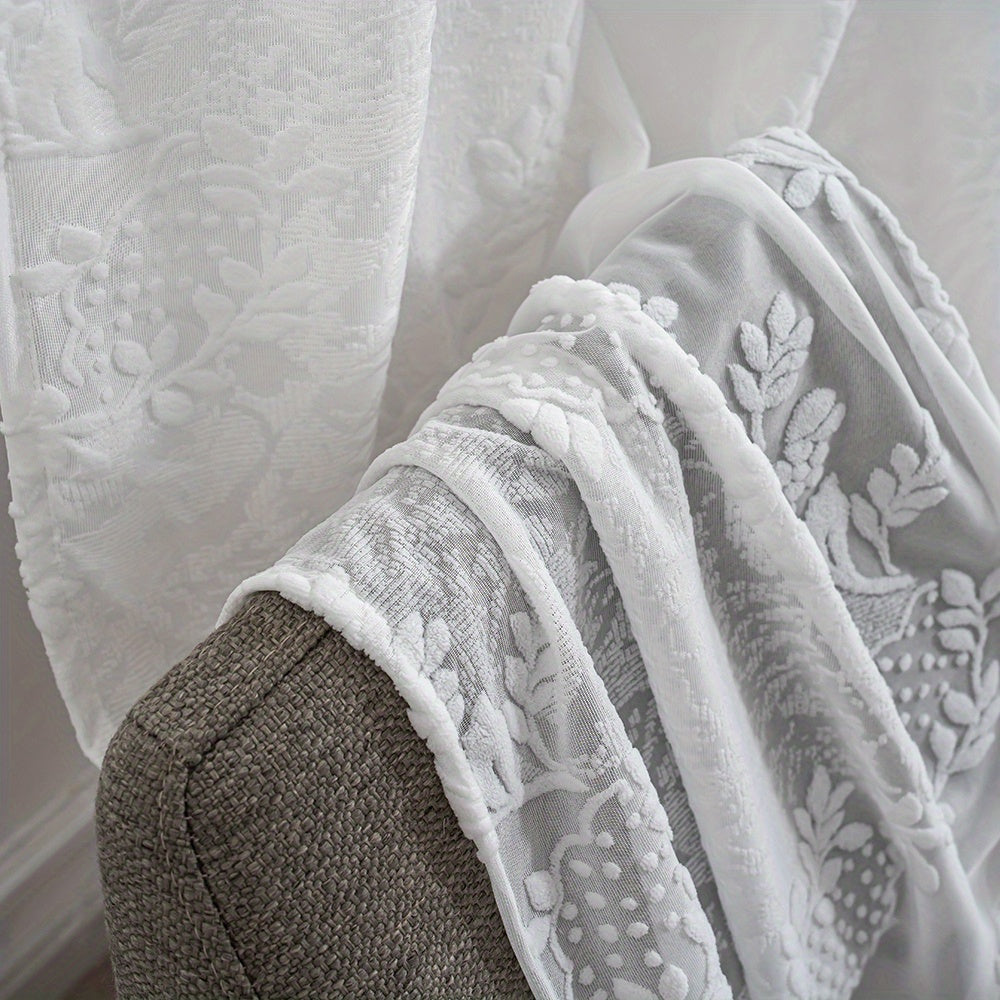 2pcs High-End French-Style Country Rattan Vine Embossed Sheer Curtain Panels, Textured Three-Dimensional Integrated Rattan Light-Filtering Indoor Decorative Window Screens, Rod Pocket Installation Suitable for Bedroom, Living Room, Balcony