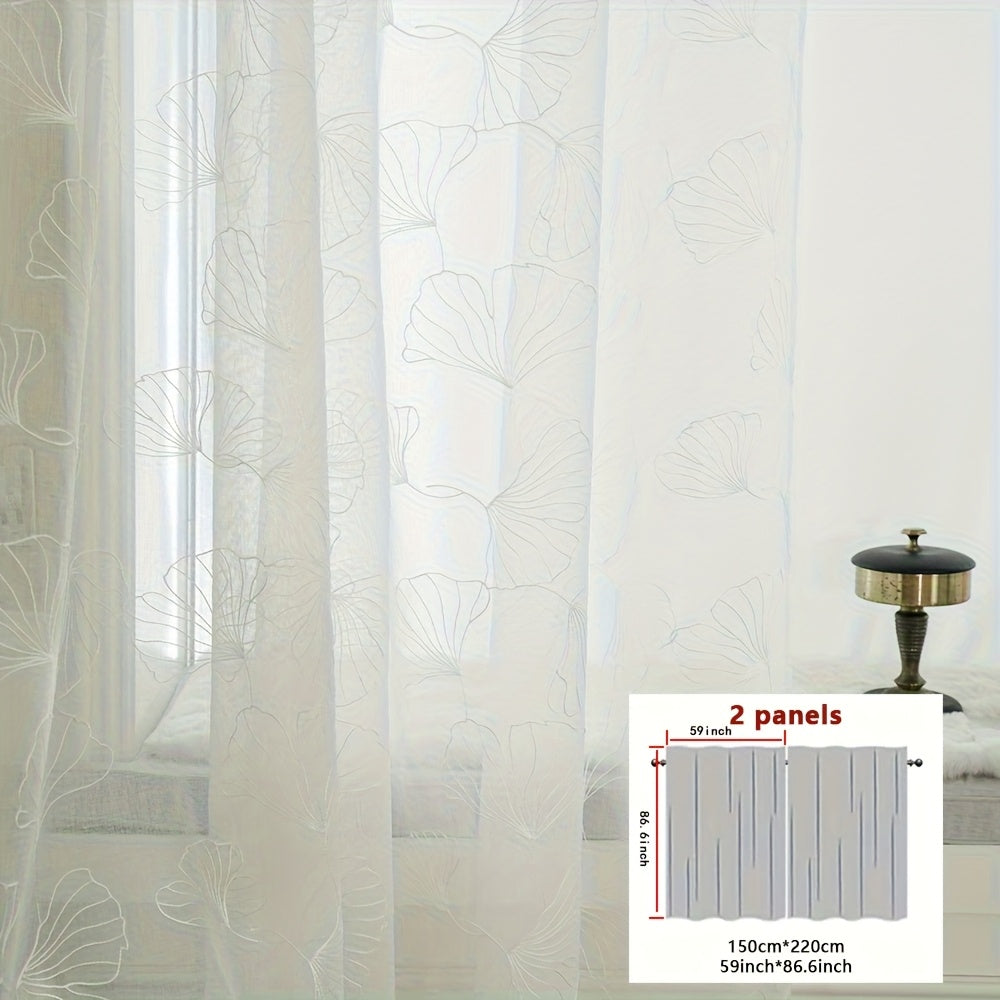 2pcs French-Style Country White Maple Leaf Botanical Embroidered Sheer Curtain Panels, Thin Semi-Transparent Design for Enhanced Ambiance, Rod Pocket for Easy Rod Installation, Suitable for Bedroom, Office, Living Room, Foyer, and Other Home Decor