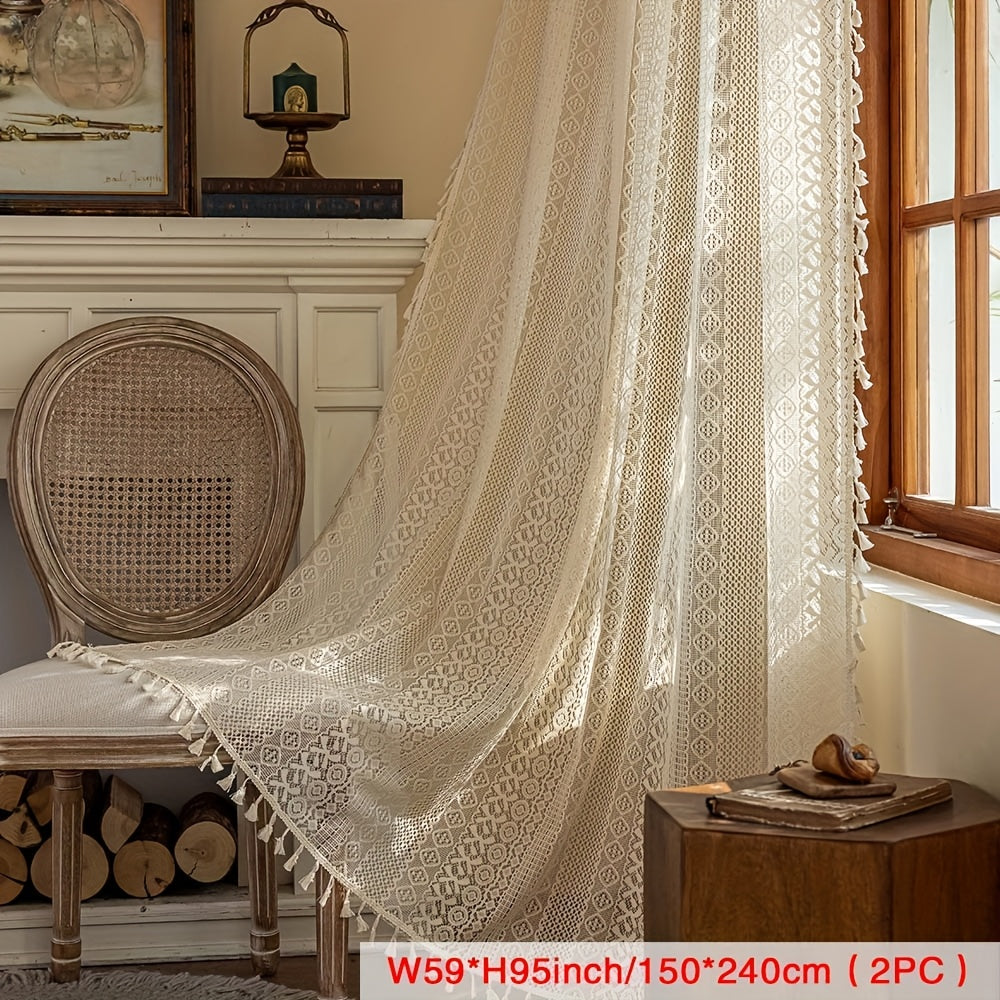 2pcs High-End Minimalist Bohemian Style Semi-Sheer Curtains, French-Style Rustic Breathable Openwork Voile Curtains, Suitable for Living Room, Balcony, Bedroom, Study Room, and Other Home Decor - Rod Pocket Installation