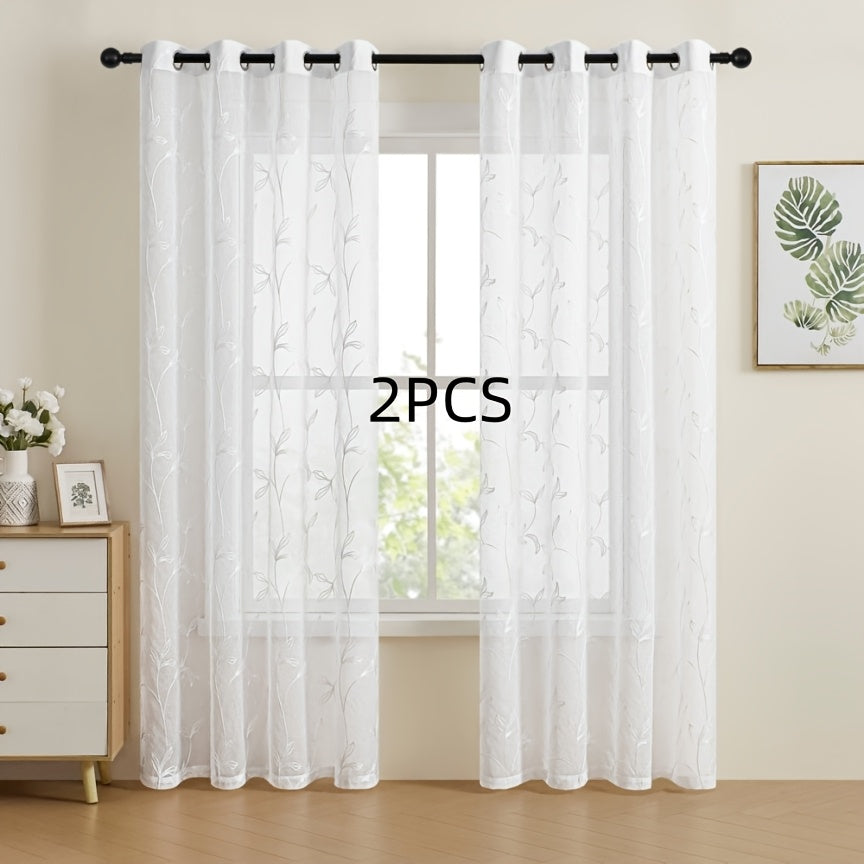 2pcs White Lightweight Sheer Curtains Made of Polyester Fabric, Easy to Install Without Drilling, Suitable for Bedrooms, Living Rooms, Balconies, Hotels, Country Cottages, And Featuring Plant Embroidery