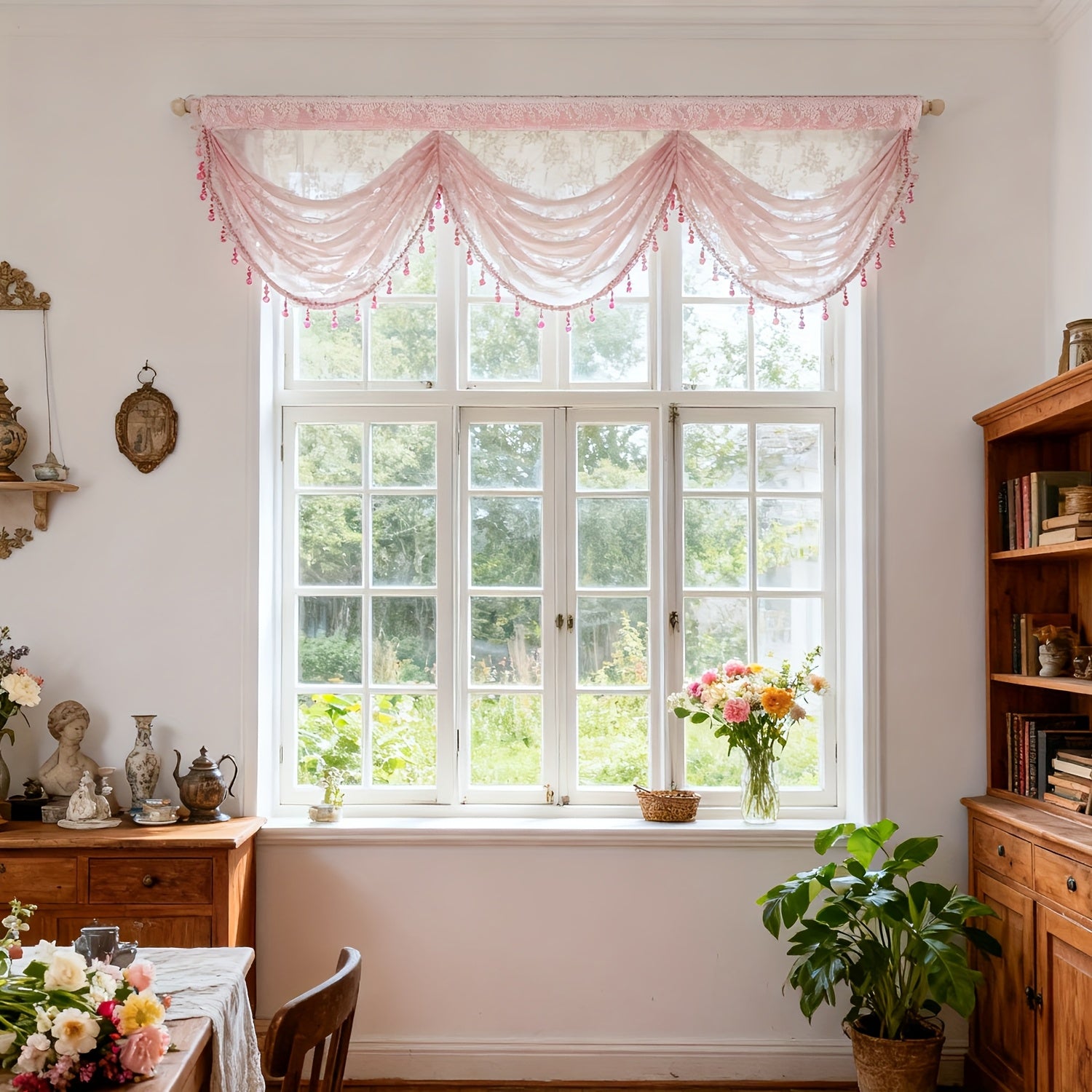 1pc Rustic Pink Floral Jacquard Ripple Sheer Curtain for Living Room Study Cafe Gauze Window Drape with Beads Valance Blinds