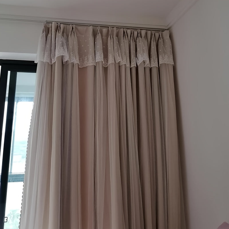 2pcs French Country Curtain Panels with Sheer & Lace Trim - Fold Top, Semi- Filtering Window Drapes Suitable for Nursery, Bedroom, Living Room - Machine Washable Panels