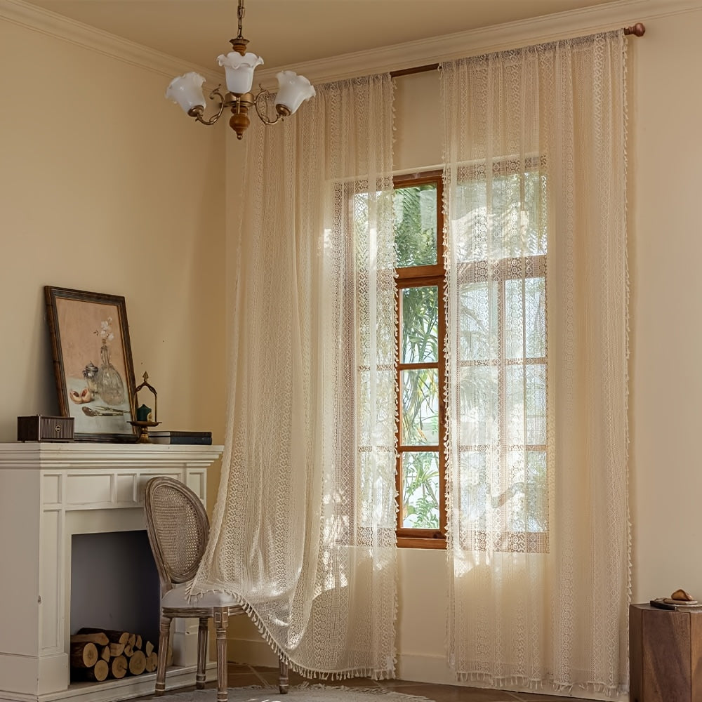 2pcs High-End Minimalist Bohemian Style Semi-Sheer Curtains, French-Style Rustic Breathable Openwork Voile Curtains, Suitable for Living Room, Balcony, Bedroom, Study Room, and Other Home Decor - Rod Pocket Installation