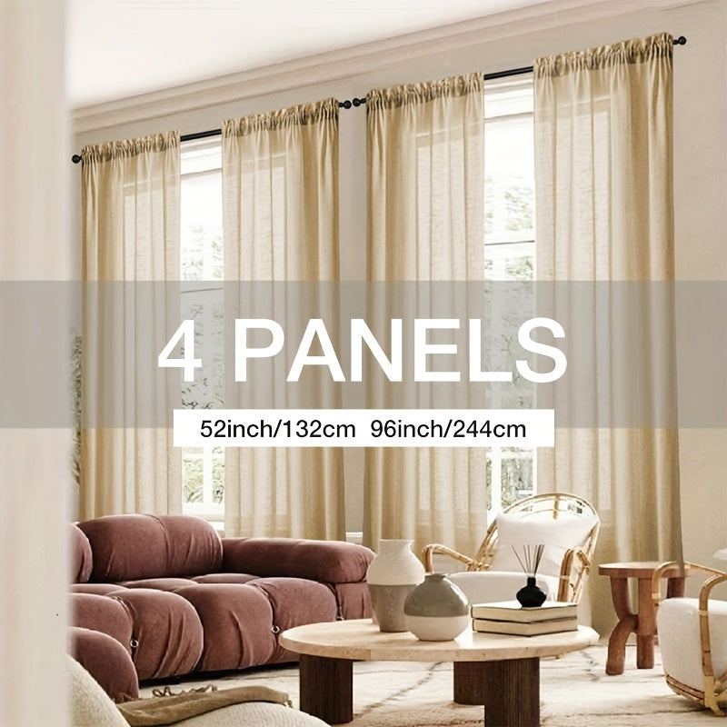 4 Panels Natural Linen Texture Rod Pocket Curtains for Living Room 2 Pocket Drape Light Filtering Semi Sheer Neutral Country Rustic Farmhouse Boho Curtain Bedroom