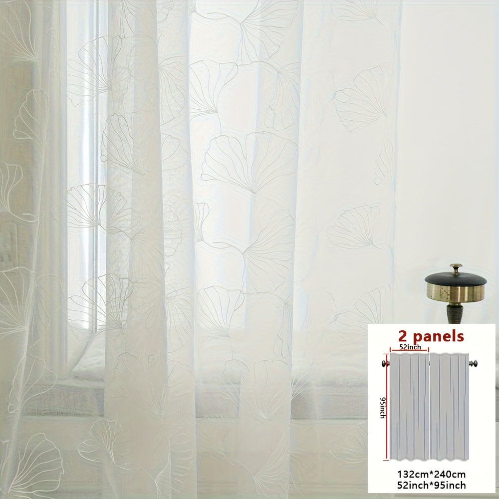 2pcs French-Style Country White Maple Leaf Botanical Embroidered Sheer Curtain Panels, Thin Semi-Transparent Design for Enhanced Ambiance, Rod Pocket for Easy Rod Installation, Suitable for Bedroom, Office, Living Room, Foyer, and Other Home Decor