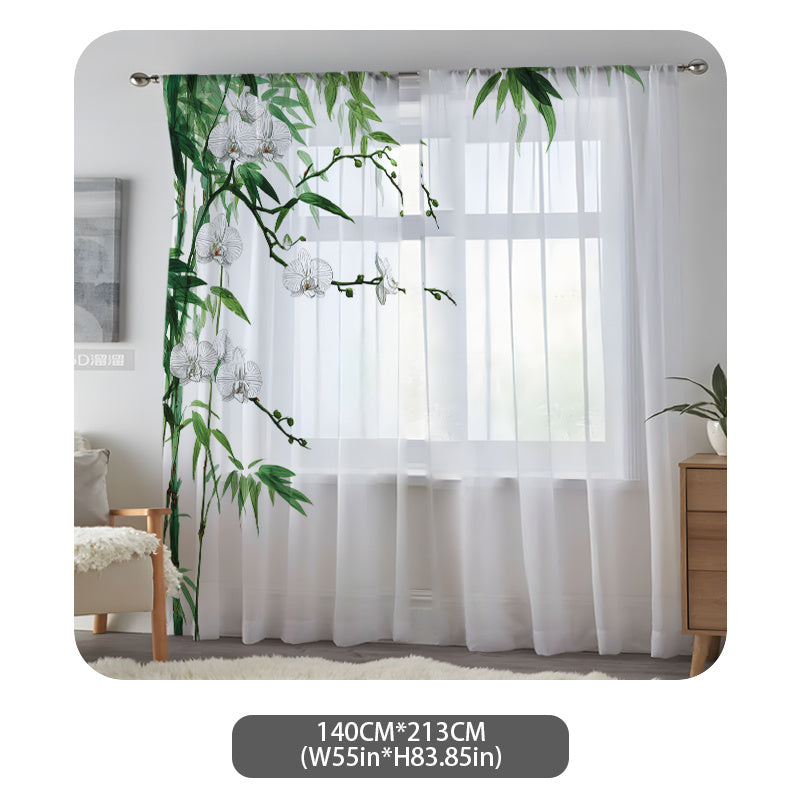 Two Pieces of Chinese-Style Orchid And Bamboo-Themed Floral Chiffon Transparent Curtains - Semi-Transparent And Opaque Digital Prints, Designed for Living Room And Bedroom Decoration with Rod Pocket, Made of Polyester Gauze