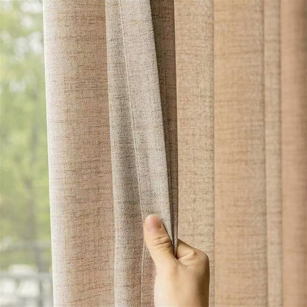 A Set of Two Minimalist Modern Style Versatile Japanese Curtains Available in Three Colors: Natural, Gray, And White. They Soften Outdoor Light with a Semi-Transparent Filter, Featuring Natural Lines And Textures