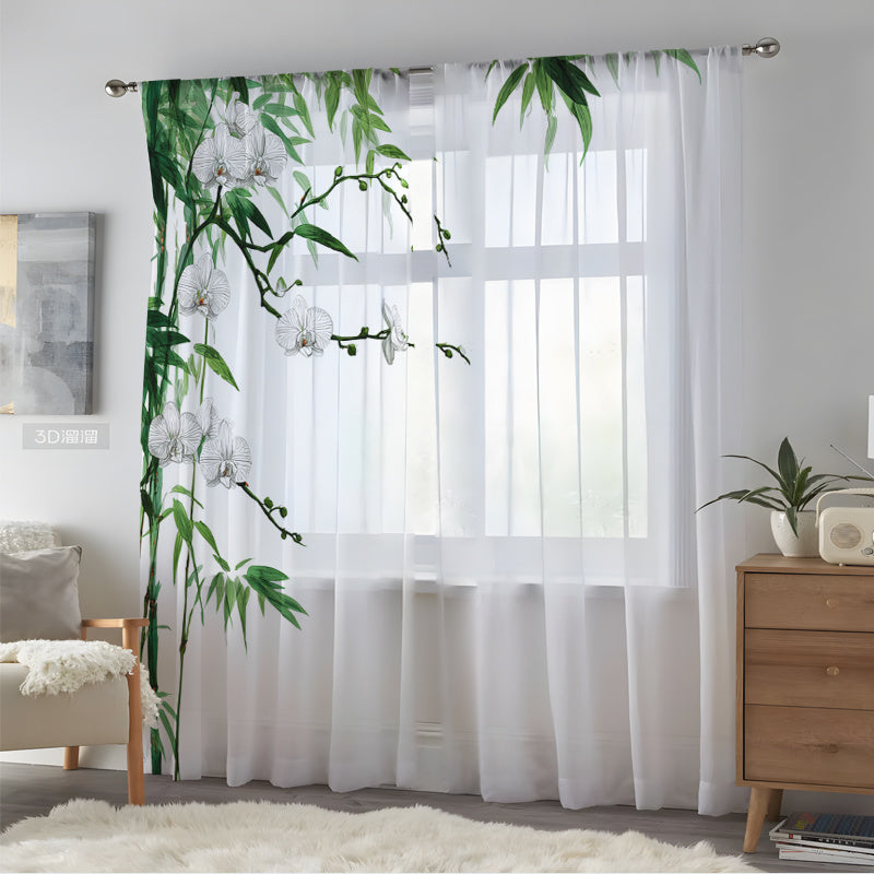 Two Pieces of Chinese-Style Orchid And Bamboo-Themed Floral Chiffon Transparent Curtains - Semi-Transparent And Opaque Digital Prints, Designed for Living Room And Bedroom Decoration with Rod Pocket, Made of Polyester Gauze