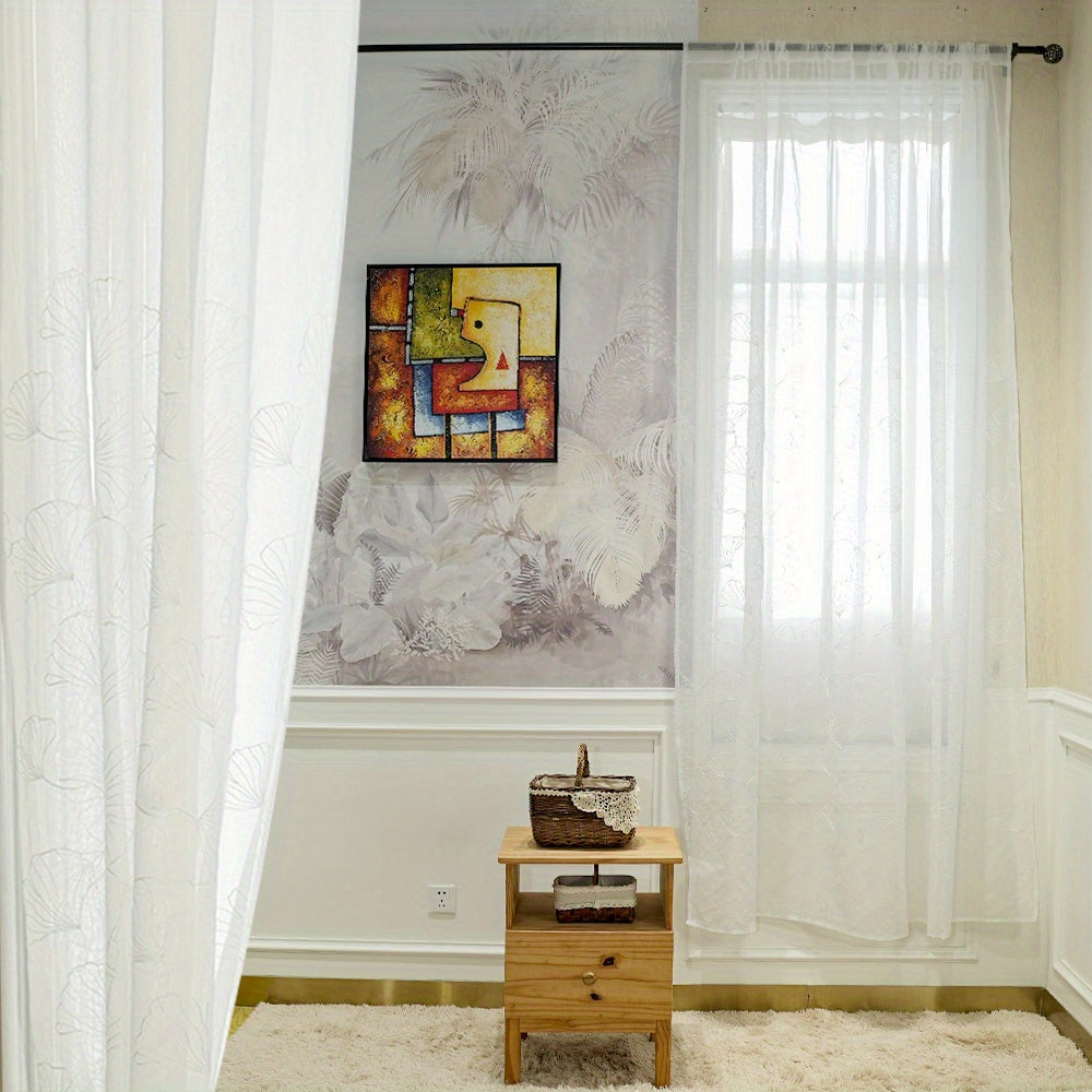 2pcs French-Style Country White Maple Leaf Botanical Embroidered Sheer Curtain Panels, Thin Semi-Transparent Design for Enhanced Ambiance, Rod Pocket for Easy Rod Installation, Suitable for Bedroom, Office, Living Room, Foyer, and Other Home Decor