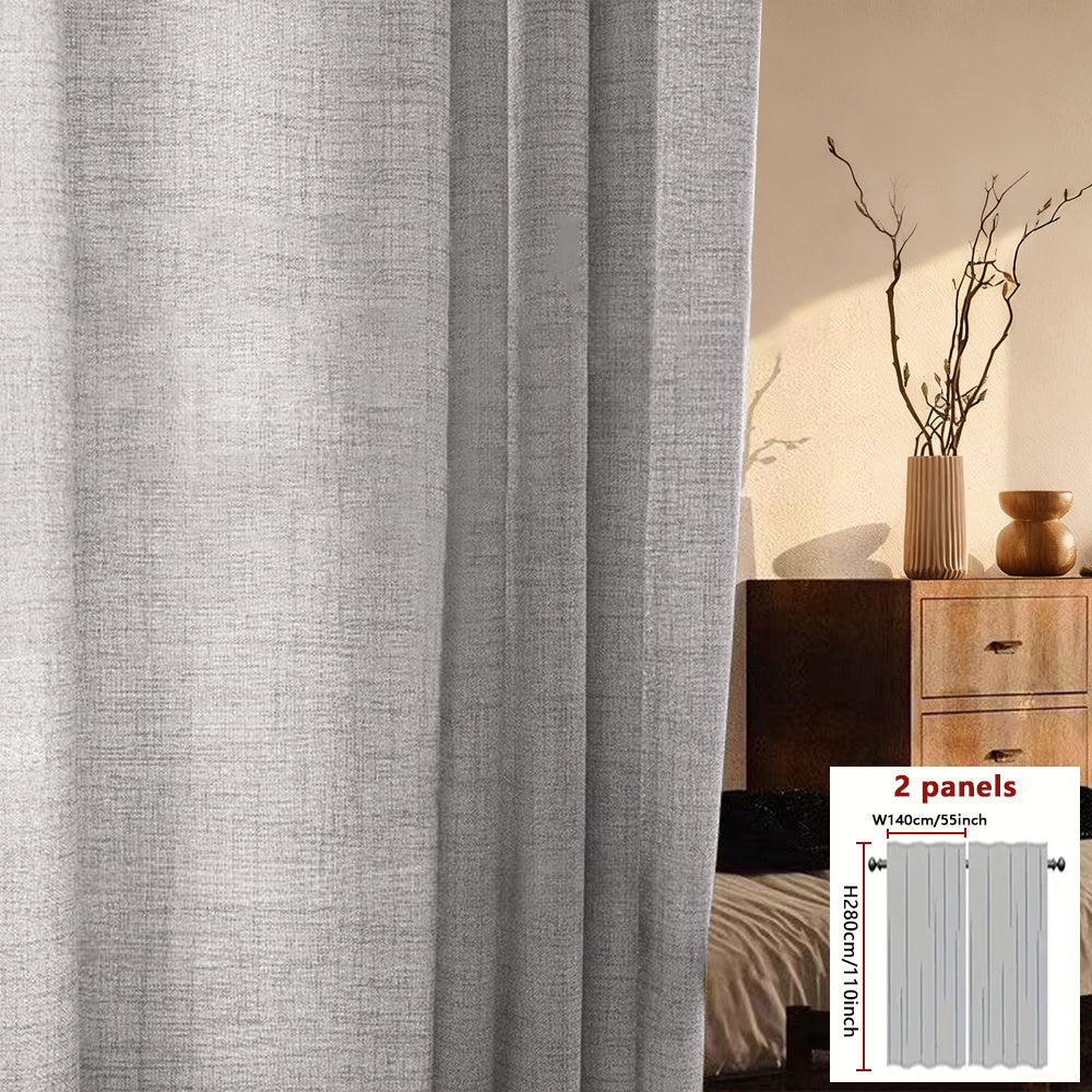 A Set of Two Minimalist Modern Style Versatile Japanese Curtains Available in Three Colors: Natural, Gray, And White. They Soften Outdoor Light with a Semi-Transparent Filter, Featuring Natural Lines And Textures